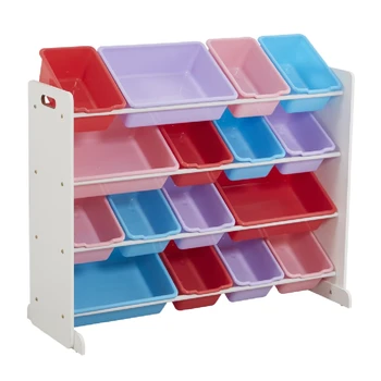 

Wooden Kids' Toy Storage Organizer with 16 Plastic Bins Plastic Bookshelf Baby Bookcase Baby Toy Rack Toy Storage Cabinet