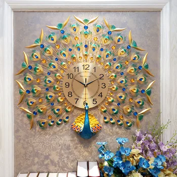 

Europe peacock wall clocks Creative crystal peacock wall decor large wall clock for living room metal wall decorations