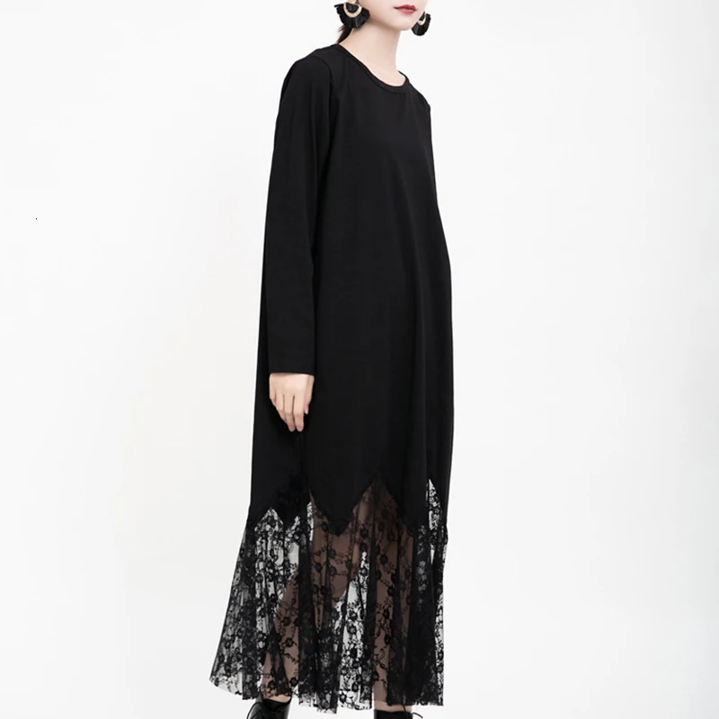 [EAM] женское кружевное длинное платье с вырезом на спине, новинка, круглый вырез, длинный рукав, свободный крой, Мода весна-осень 19A-a182 - Цвет: black