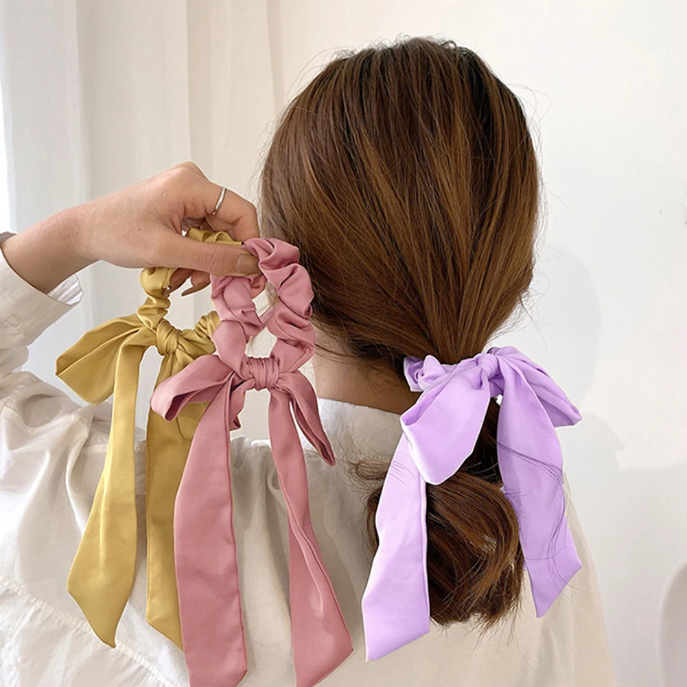 Solid Color Ribbon Bow Hair Scrunchies for Women Elastic Ponytail Hair