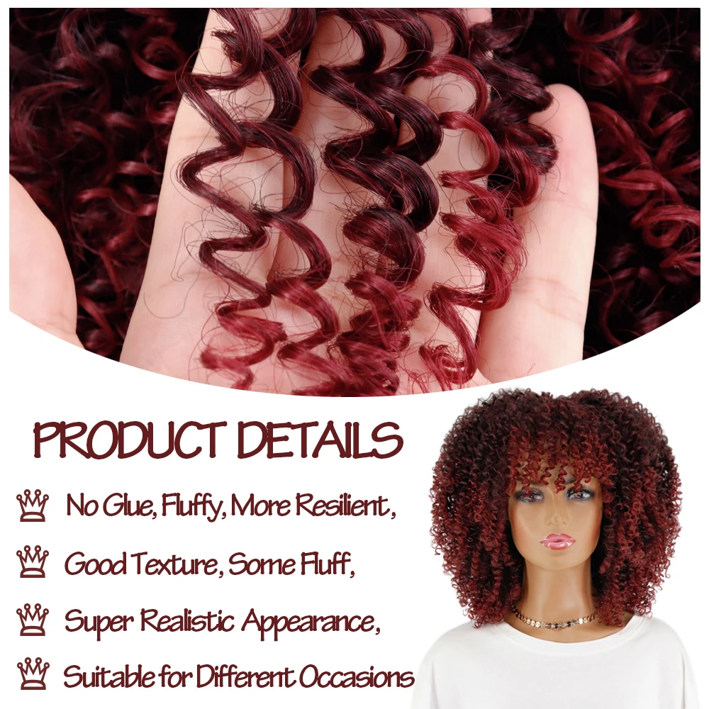 LINGHANG Short Hair Afro Kinky Curly Wigs With Bangs For Black Women African Synthetic Omber Glueless Cosplay Wigs Gradient Hair