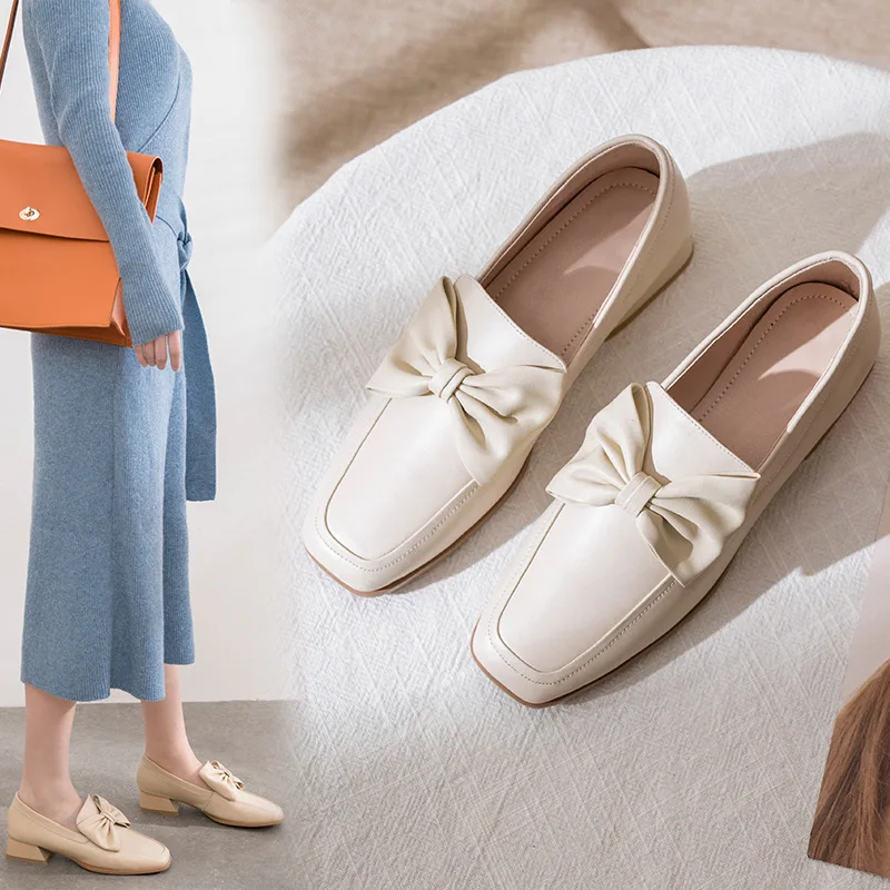 

Soft Cowhide Bow Loafers 2019 Spring And Autumn New Style Low Heel Shoes Women's Genuine Leather Square Head England WOMEN'S Sho