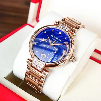 New Reef Tiger/RT Top Brand Elegant Self Winding Womens Watch Date Rose Gold Diamond Watches Blue Bracelet Watches RGA1592 1
