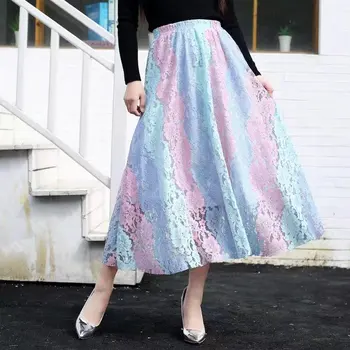 

2019 Vintage High Waist Women Lace Skirts Saia Colorful Women Autumn Two Layer A-Line Long Skirt Faldas Jupe Femme
