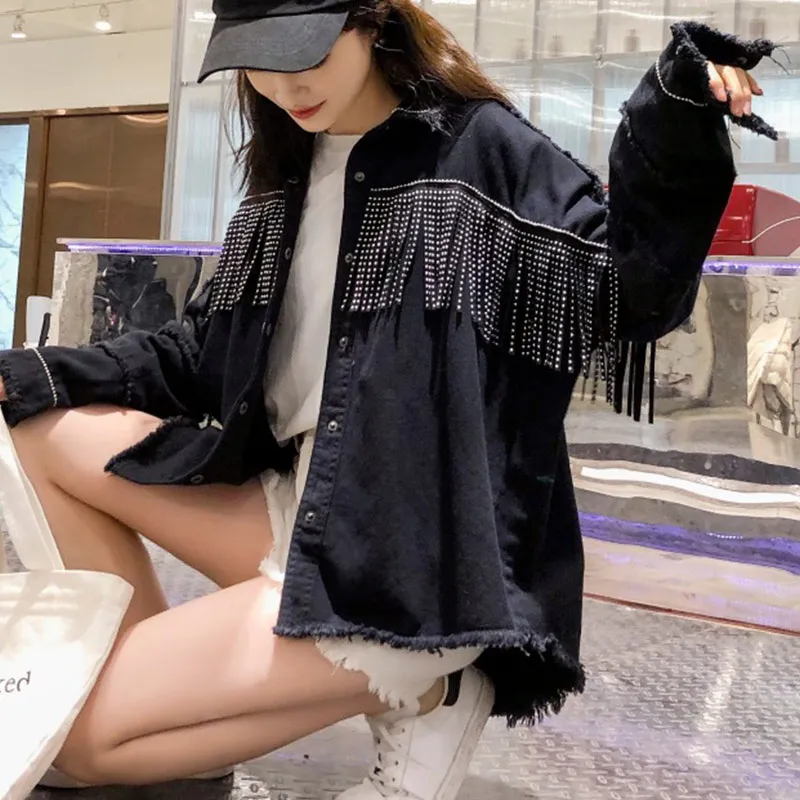 

Sequined Tassels Black Denim Jacket Women Autumn Irregular Button Jeans Jackets Female 2019 Streetwear Casual Outerwear Ladies