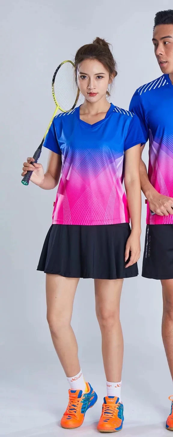 Contrast Badminton T-Shirt Sets Quick Dry Sweat Absorption Breathable Table Tennis Sports Suits For Men& Women L802SHC - Color: Women Blue