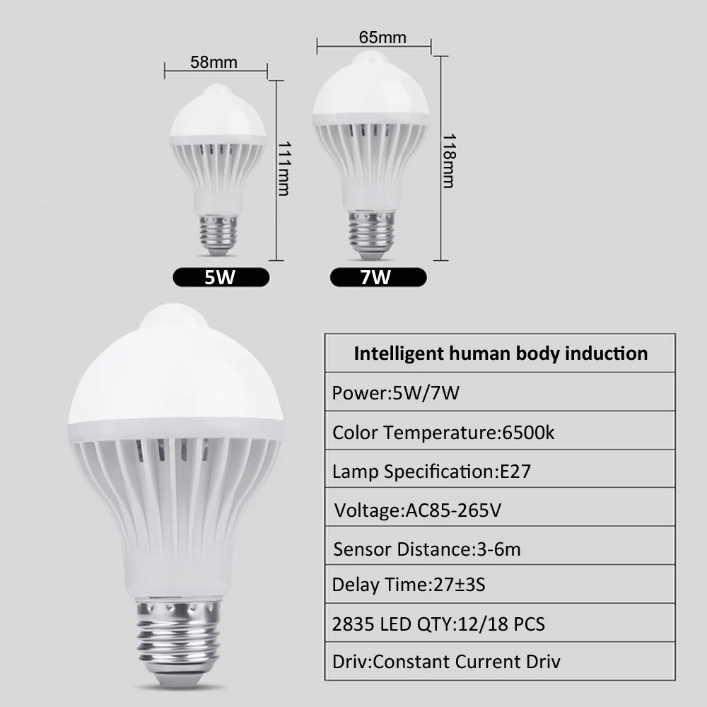 5 Вт 7 Вт движения PIR Сенсор умный светодиодный светильник лампочка 220V E27 винт инфракрасный движения тела Сенсор лампа AC85V-265V автоматического выключения/на 6500K