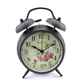 

4 inch Retro Vintage Bedside Twin Bell Alarm Clock With Loud Alarm and Nightlight (Black Case - Roses)