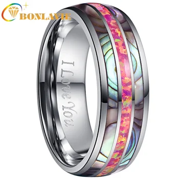 

BONLAVIE Tungsten Carbide Ring 8mm Wide Dome Steel Inlaid with Two Acacia + Deep Magenta Opal Tungsten Steel Ring Wedding Band