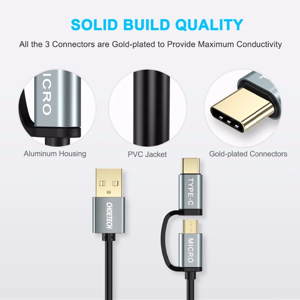 CHOETECH 2 в 1 кабель Micro USB+ кабель usb type C для samsung Galaxy S8 кабель для зарядки и синхронизации для Xiaomi Mi5 для LG G6 шнур Android