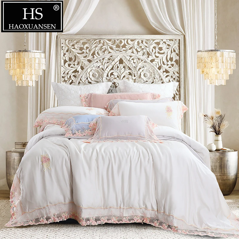 

High-end White Lace 4 Piece Bedding Sets Natural Organic 100% Tencel Lyocell Princess Style Bed Linen Set Queen King Size