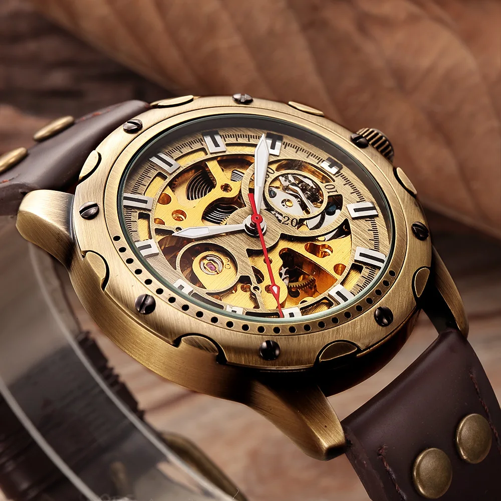 

Shenhua Europe And America Retro Men Fashion Casual Bronze Hollow out Mechanical Movement Fully Automatic Mechanical Wrist Watch