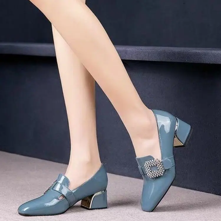 Plus Size Women Pumps Rhinestone Buckle Boat Shoes Patent Leather Dress Shoes Square Toe Ladies Office Shoes zapatos mujer