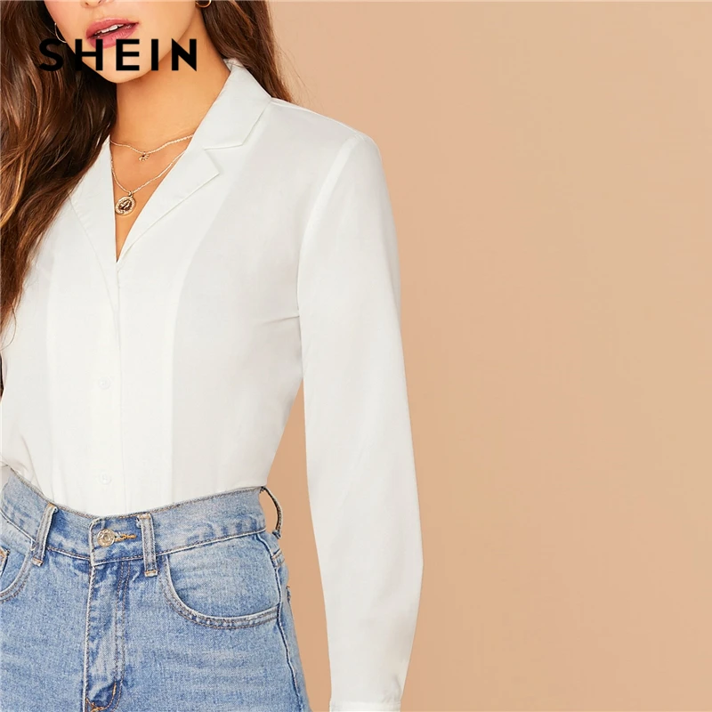 SHEIN Белый С Вырезанным воротником, наряд со Однотонная рубашка, блуза Для женщин Демисезонный платье на пуговицах с длинными рукавами однотонный Повседневный Топ и блузки