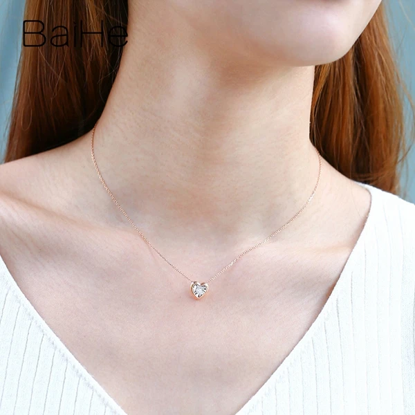 BAIHE Solid 18K розовое Белое золото около 0.05ct H/SI круглый натуральный бриллиант женские трендовые ювелирные изделия с бриллиантами в форме сердца подарочные ожерелья
