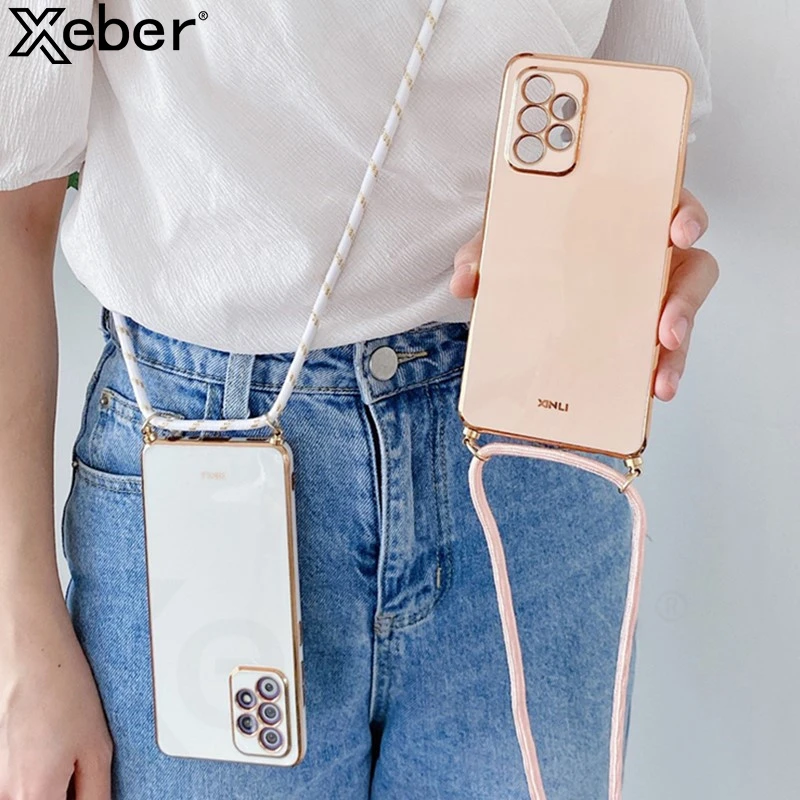 Crossbody Lanyard Strap Plating Silicone Case For Samsung S22 Ultra S21 Plus S20 FE Note 20 S10 A53 A13 A52 A72 A32 A22 A51 A71 samsung galaxy s22 ultra case