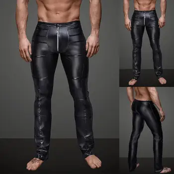 

Night Club Sexy Pants Men Striped Faux Leather Zipper Skinny Long Pants Trousers