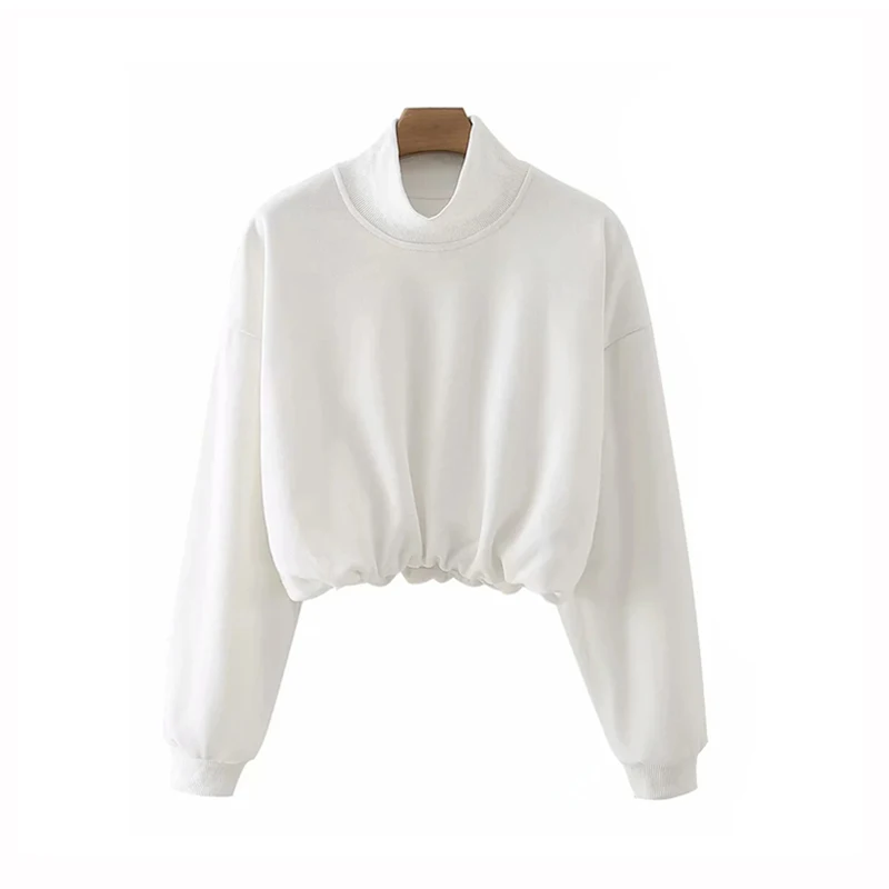 Women White Turtleneck Cropped Sweatshirt with Stretch Hem Details