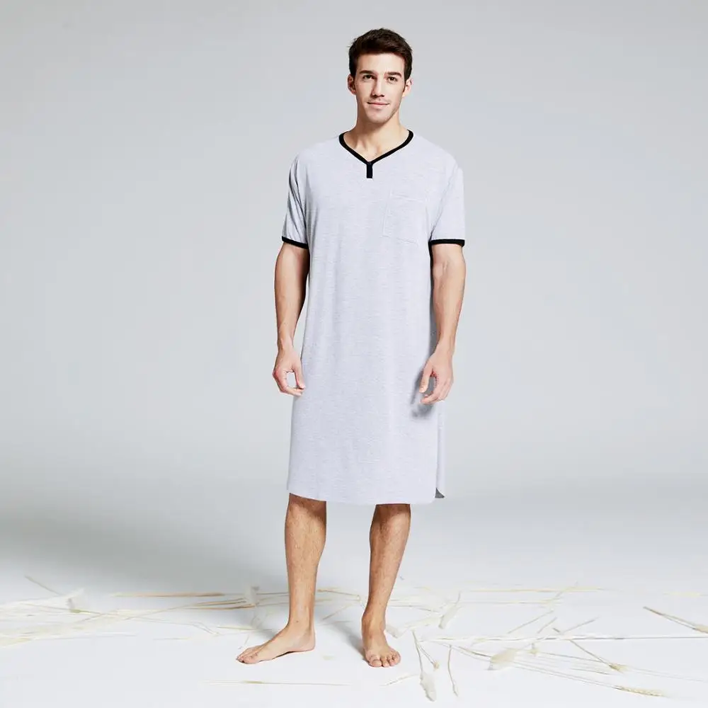 Мужская Летняя хлопковая длинная футболка, ночная рубашка с коротким рукавом, большие и большие размеры, удобная домашняя одежда, пижамы - Цвет: GREY SOLID COLOR