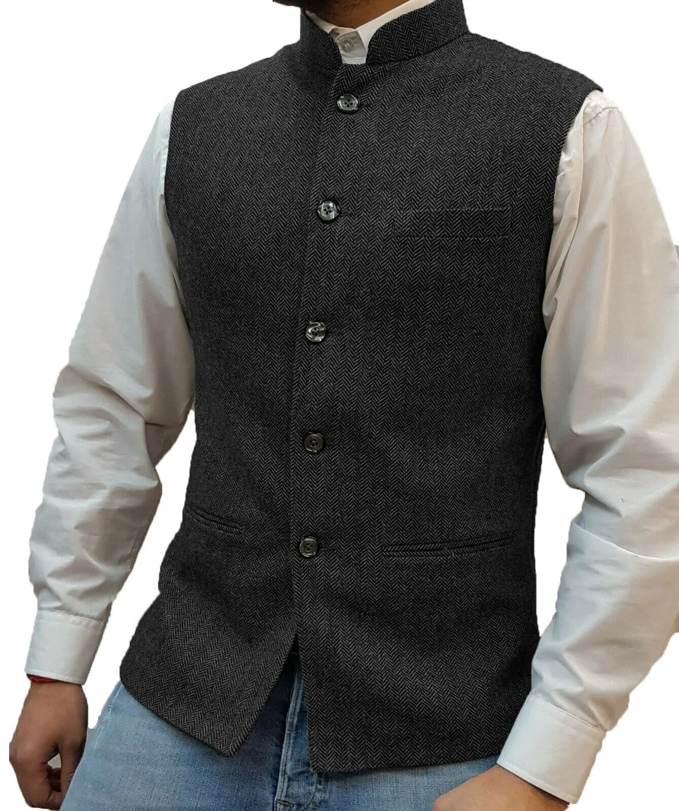 Men's Vest Stand-up Collar Herringbone Suit Vest Steampunk Style Wedding Groom Waistcoat 3