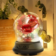 Mother Day Gift Dried Flowers Eternal Real Rose Home Decor With LED In Glass Dome Mother'S Day Gift Rose Round Lamp Ornaments