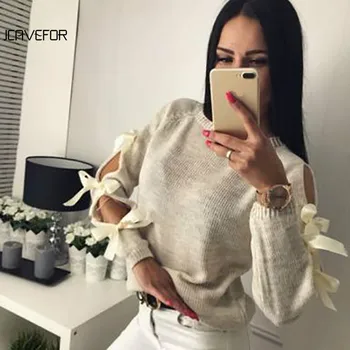 

Women Casual Bow Hollow out Longsleeve Warm Sweater Pullover Knitting Bow Loose O-Neck Tops Blouse Knitwear