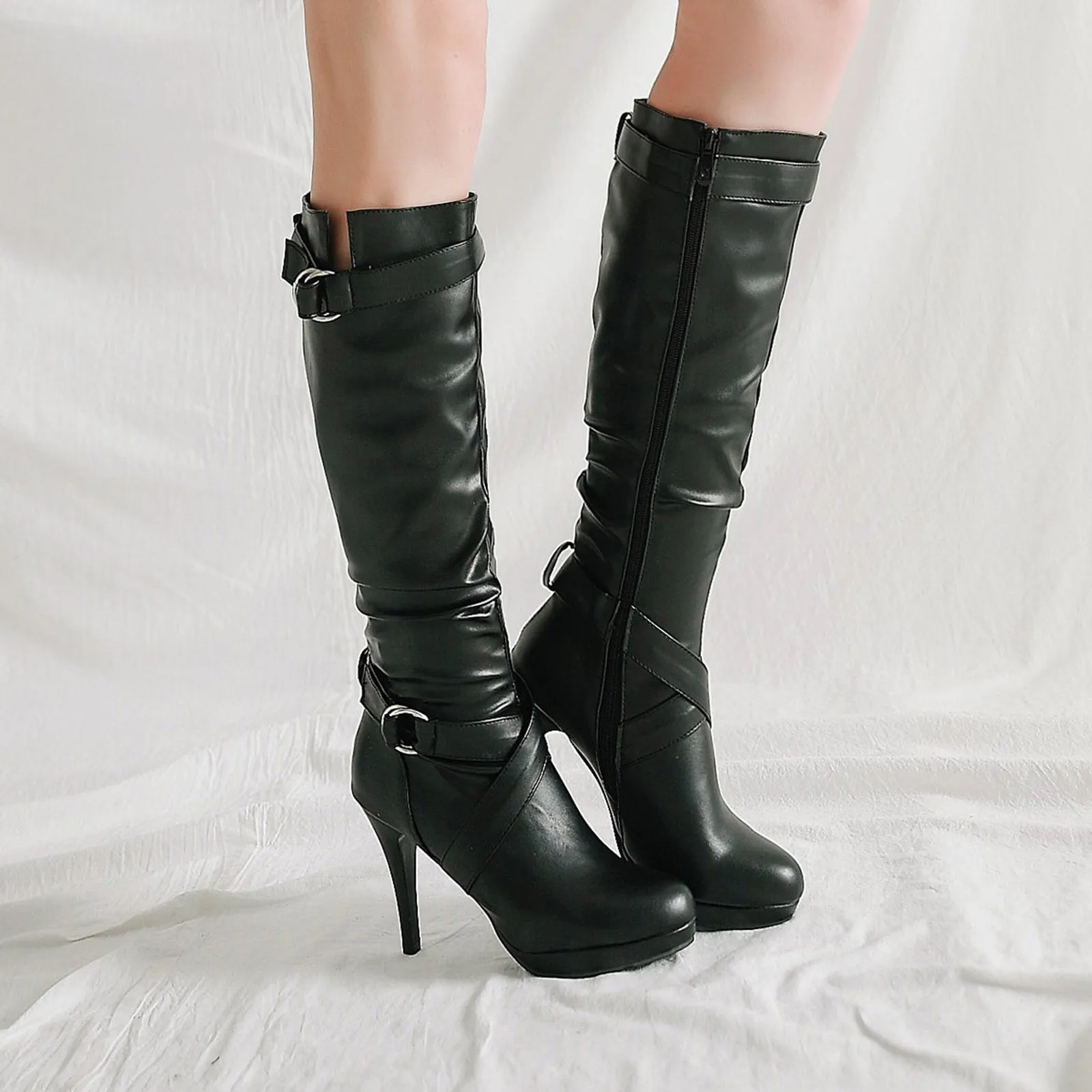 Botas de media caña a la moda para Mujer, botines informales de colores  sólidos con punta redonda de cuero de imitación, tacones altos finos,  Zapatillas de invierno, #35|Botas hasta la rodilla| -