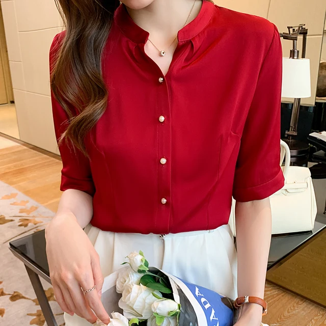 Red Shirt Female 2021 Summer Short Sleeve Ladies Tops Dropshipping  Elegantes Fashion Women Clothing Solid Button Up Shirts 1111 - Women Shirt  - AliExpress