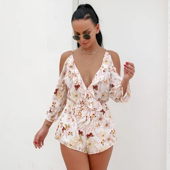 

Tosheiny 2020 Sexy Deep V Neck Off the Shoulder Women Overalls Jumpsuit Floral Print High Waist Women Playsuit TH18334