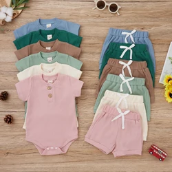 Vêtements pour bébés filles, ensemble deux pièces décontracté, couleur unie, col rond, boutons sur la poitrine, manches courtes, body à nouer à la taille, Shorts élastiques 