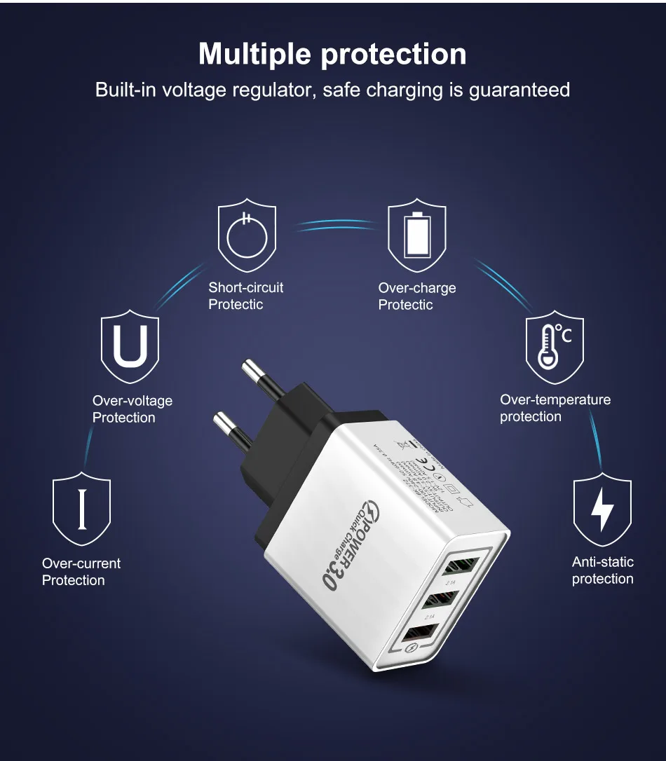 Tkey QC 3,0 USB быстрое настенное зарядное устройство для мобильного телефона Быстрая зарядка 3 usb порта универсальный для iphone X/XS samsung huawei и Xiaomi