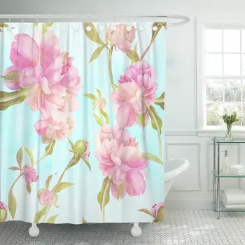 

Colorful Botanical Watercolor Flowers and Buds of Pink Peony Collage Leaves on Composition Abstract Shower Curtain Waterproof
