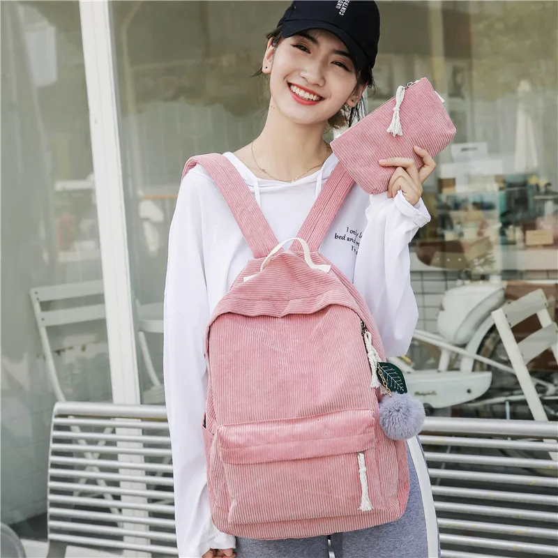 

2019 Autumn And Winter New Style Corduroy Stripes Backpack Casual Students Outdoor Backpack Two-Piece Set Backpack