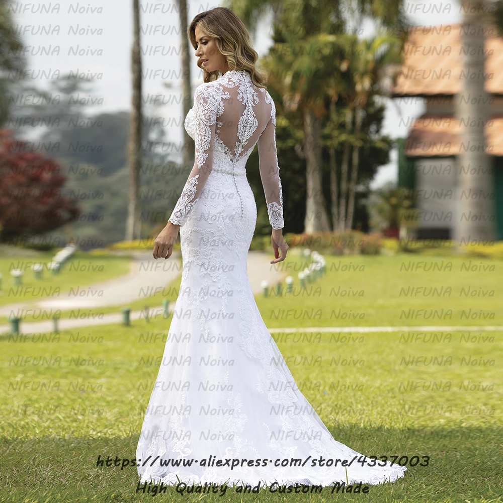 Vestido noiva sereia сексуальное спина подвенечное платье модное кружевное свадебное платье с длинными рукавами Русалка Robe de Mariee vestido Casamento
