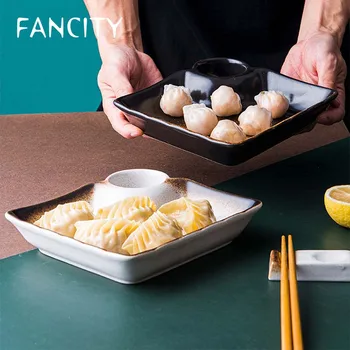 

FANCITY Japanese style square dumpling plate with vinegar dish creative ceramic plate household dish tableware restaurant specia