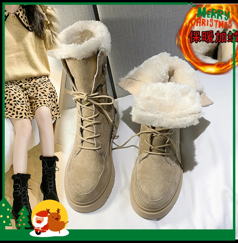 

Women Lace Nubuck Flat Heels Winter Snow Boots Shoes Women's Flock Plush Padded Winter Long Riding Motorcycle Boots Shoes
