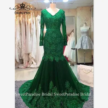 

Green Lace Evening Dress With Appliques Beads Sheer Long Sleeves Chapel Train V Neck Mermaid Prom Dresses For Women