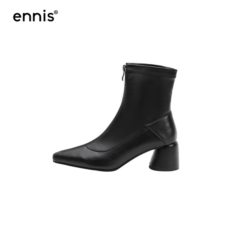 ENNIS/ г., дизайнерские эластичные сапоги на молнии, передний багажник женское из микрофибры ботильоны с острым носком на не сужающемся книзу массивном каблуке Осенняя обувь новинка, A9155 - Цвет: Black Plsuh Inside