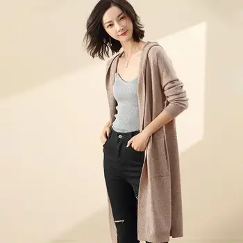 

Spring Autumn Women Long Sleeve Knitted Long Cardigan Female With Hooded Wool Cardigan Casual Big Sweater Coat