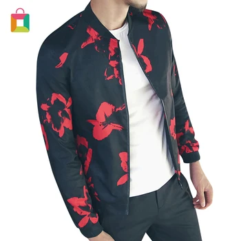 

Men's printed jacket fashion casual slim-fit jacket floral jacket black red Glittery
