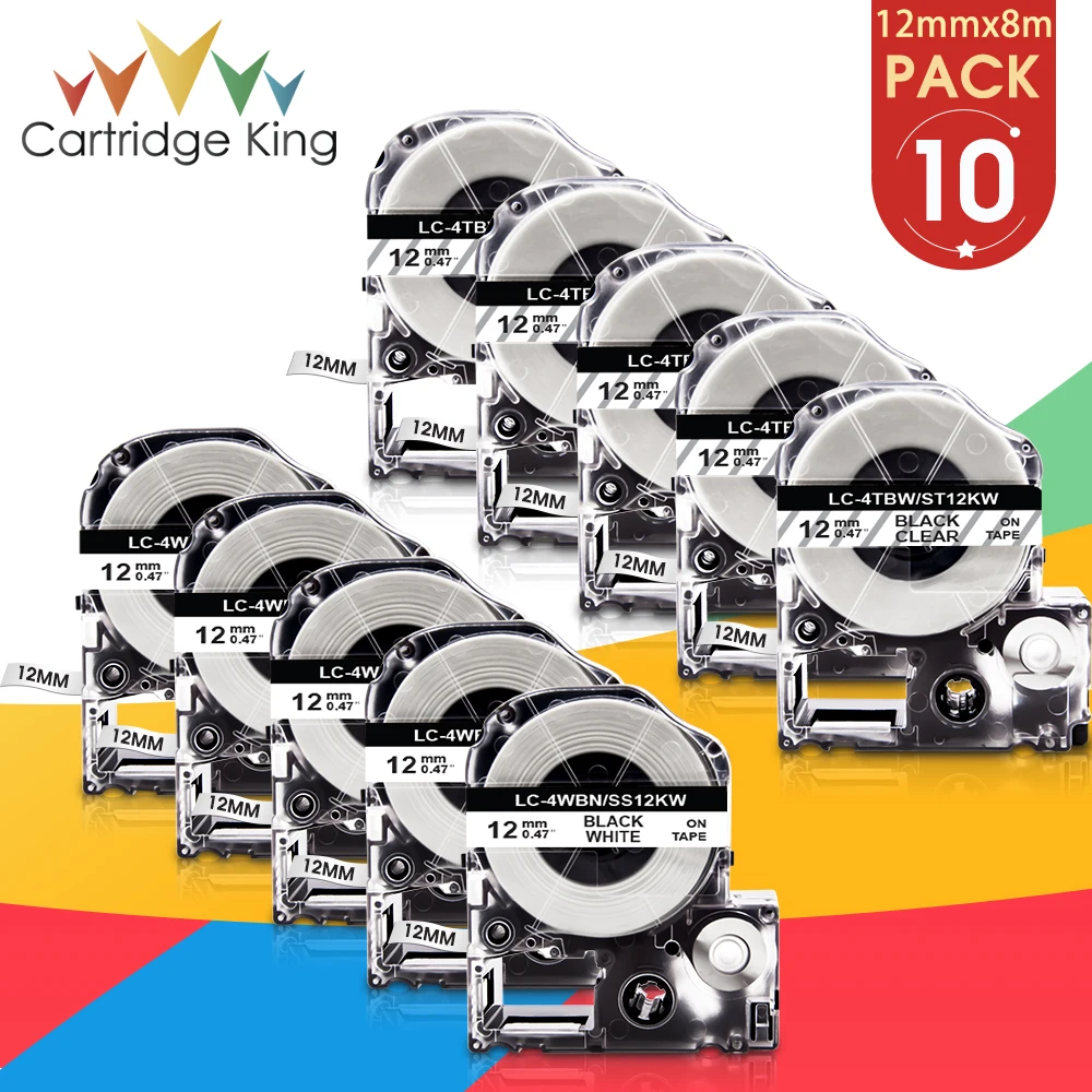 

10PK ST12KW SS12KW Black on White Clear 12mm 1/2" Label Ribbon Tape for Epson King Jim TepraPro Label Print