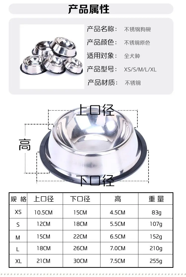Stainless Steel Dog Bowl Single Bowl Dog Food Doggie Bowl Teddy Basin Pet Bowl Rice Basin Dog Supplies Anti-slip Drinking Basin