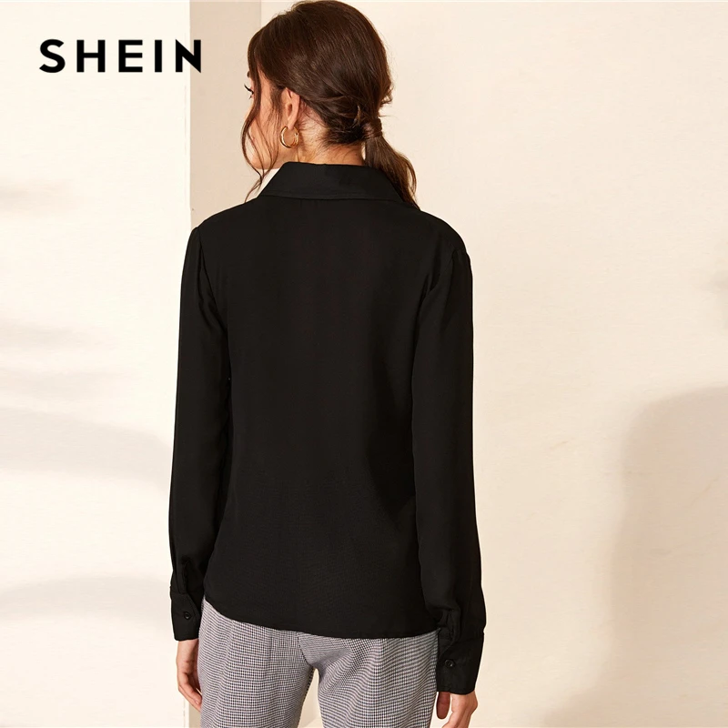  SHEIN Turn Down Collar Solid Half Placket Casual Blouse Shirt Women Tops 2019 Autumn Long Sleeve Bu