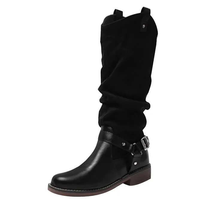 Black Women Knight Wedges Vulcanized Platform Medium Tube Female High Heel Thick Heel Shoes Ladies Increased Vintage 35-43 - Color: Black