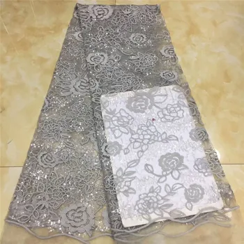 

grey Sequined Embroidered Net Lace Fabrics 2020 Classical Design African Guinea Sequins Wedding Mesh Prom Dresses Sewing Fabircs