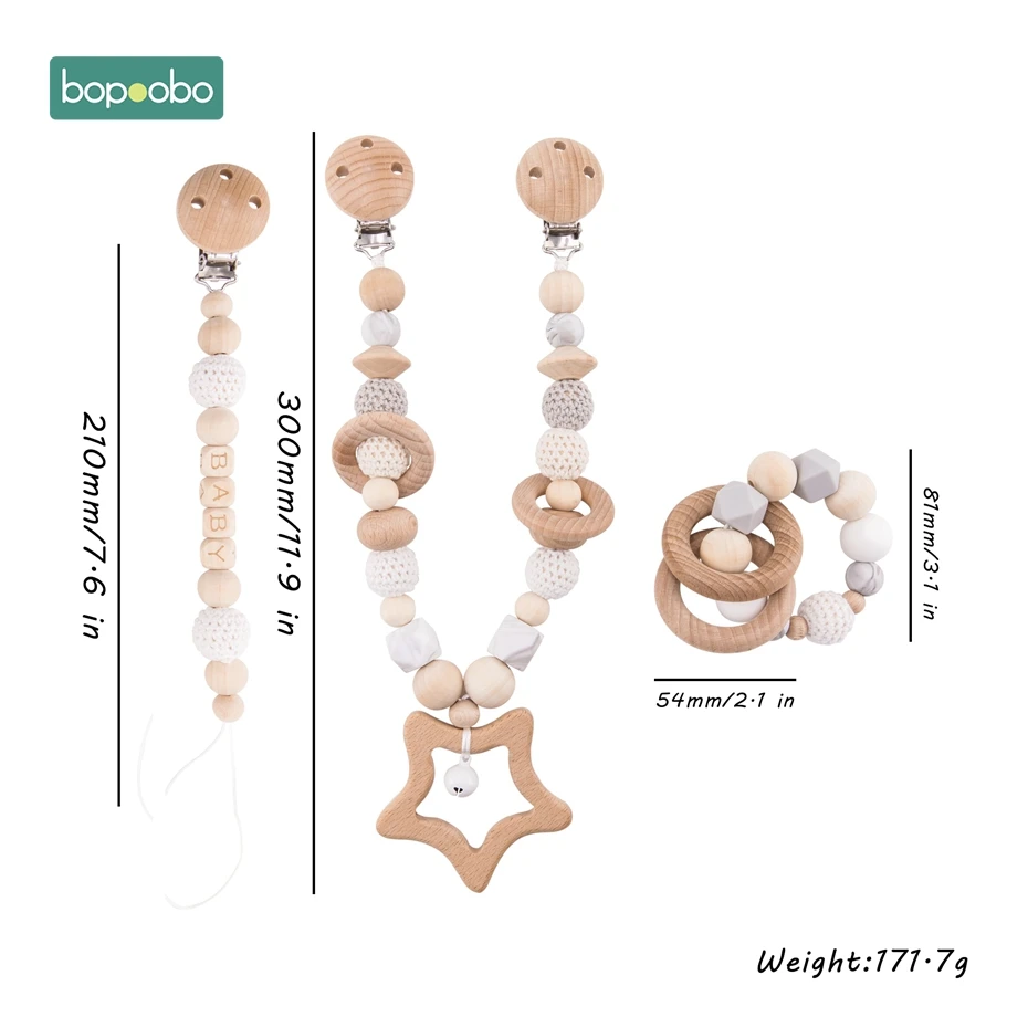 White Set 3 Bopobo Детские Силиконовые Прорезыватели, деревянные кольца, браслет, соски, держатели на цепочке, Прорезыватель для зубов, игрушка, коляска, цепь, деревянная детская игрушка-прорезыватель - Цвет: White Set 3