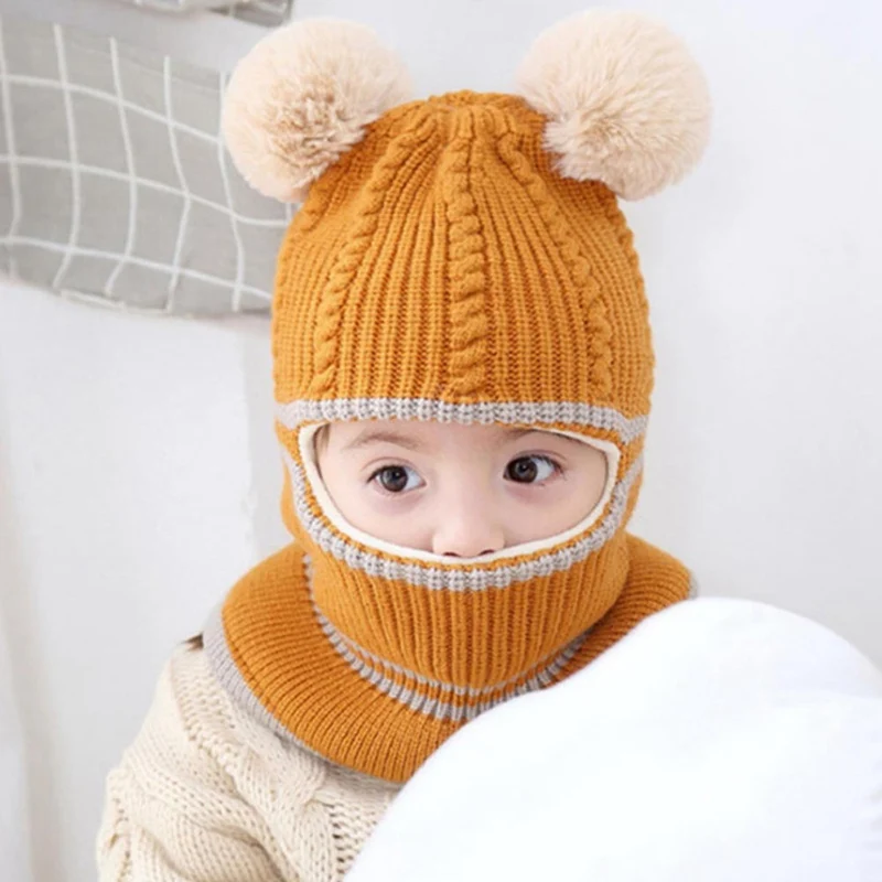 Winter Children Pompom Ball Hats Crochet Knitting Baby Girls Boys Thicken Warm Fleece Scarf Hats Protector Face Caps