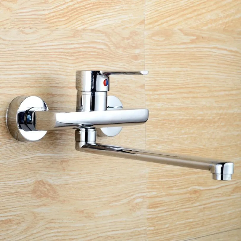 25cm pipe Wall Mounted Kitchen Faucet Brass Kitchen Mixers Sink Mixer Sink Tap 360 Degree Swivel White Double Holes - Цвет: 25cm pipe