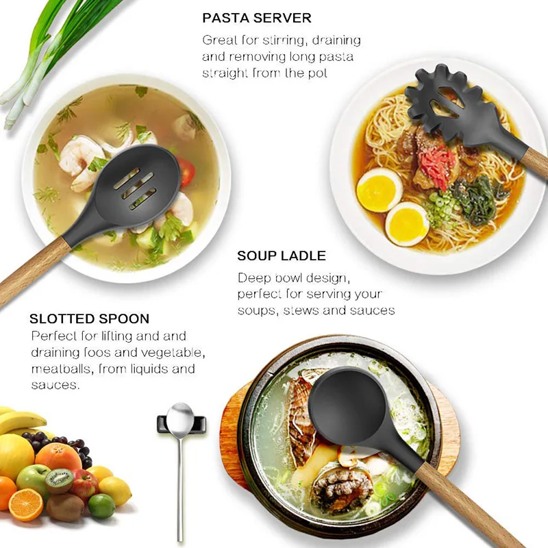 Силиконовая кухонная утварь бамбуковые деревянные ручки кухонный инструмент