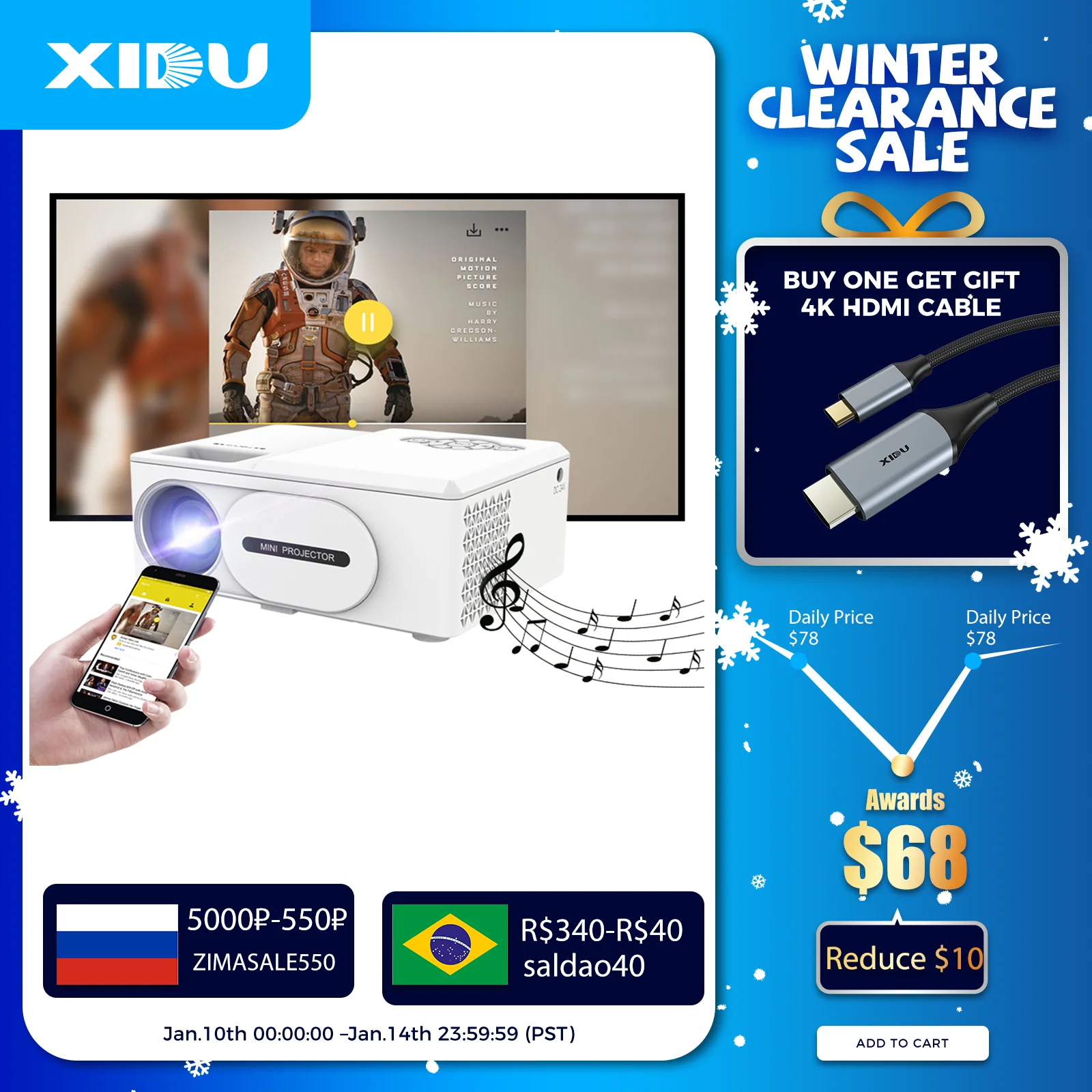 Светодиодный мини-проектор XIDU с поддержкой 1080p Full HD HDMI-совместимый USB Type C аудио
